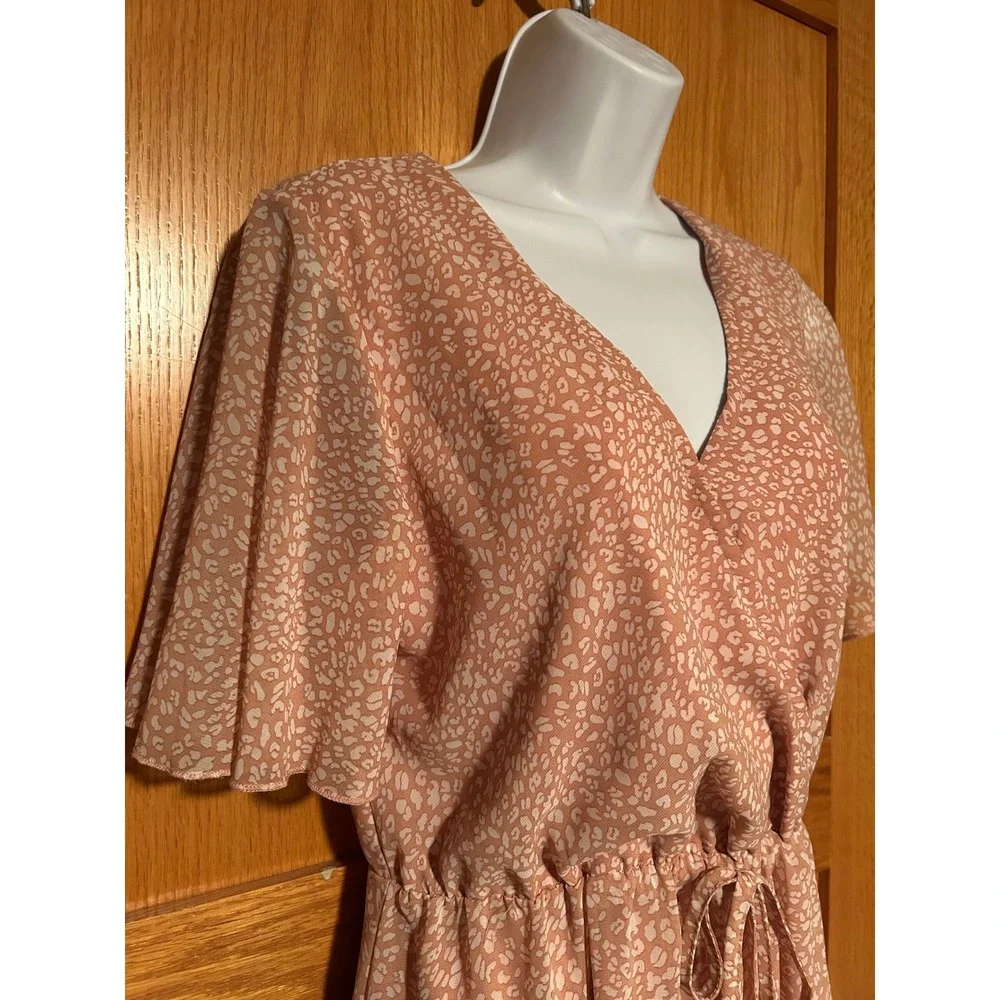 Pink Cottagecore Chiffon Wrap Mini Dress V-Neck Ruffle Hem Flutter Sleeve Small